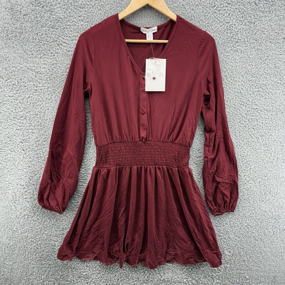 Birch And Stone Dress Long Sleeve‎ Red Womens M Smocked Ruffle Waist V-Neck NWT